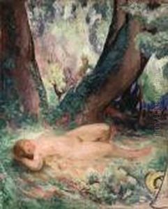 Femme Nue Allong Dans Le Jardin Avec Satyr (reclining Nude In Thegarden With A Satyr) by Henri Lebasque