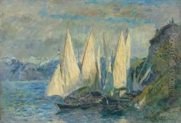 Barques Aux Grandes Voiles Sur Le Lac Leman A Meillerie En Haute-savoie - view 1