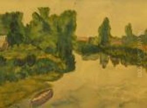 Wooded River Landscape With Boat And Cottage by Albert Lebourg