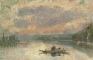 Le Bac A La Bouille, Au Coucher Du Soleil by Albert Lebourg