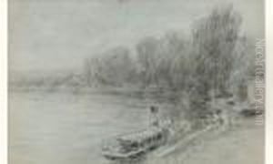 Bateau-vapeur Au Bord De Riviere - Voilier by Albert Lebourg