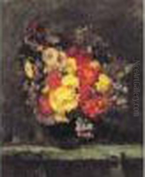 Bouquet De Fleurs Au Vase En Terre Bleu, Vers 1875. - view 1