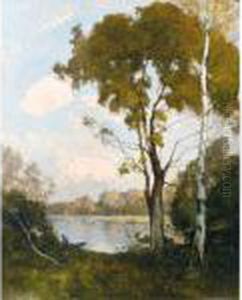 Barque Au Soleil Couchant, Deux Grands Arbres A Droite