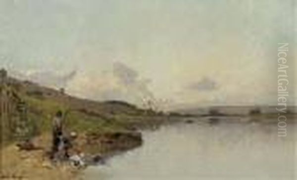 Paysage Vallonne Avec Des Personages Aupres D'un Lac - view 1
