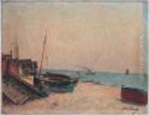 Deux Femmes Assises Sur La Plage, Pres D'une Barque by Paul Lecomte