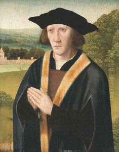 Portrait of a donor, half-length, in a fur trimmed robe, in a landscape by Jan Provost