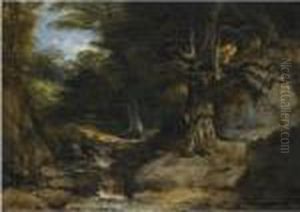 Deer And Hunters In A Wooded Landscape by Frederick Richard Lee, R.A.