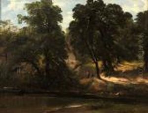 Two Figures On A River Bank By A Cottage
