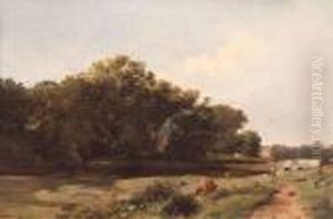 Figures Seated On A Riverbank With Further Figure And Dog Beyond