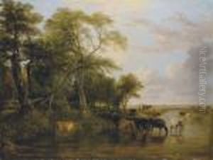 A Woody River Scene, With Cows Watering by Frederick Richard Lee, R.A.
