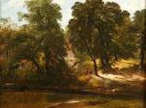 Panel Twofigures On A Riverbank By A Cottage by Frederick Richard Lee, R.A.