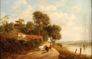 Droverwith Cattle On A Riverside Path With Mill Beyond by Frederick Richard Lee, R.A.