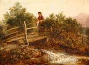 Young Woman Crossing A Bridge Over A Stream by Frederick Richard Lee, R.A.