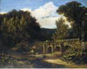 Men Fishing In A River Landscape By A Bridge by Frederick Richard Lee, R.A.