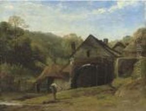 An Overshot Mill In A Wooded Landscape With A Figure In Theforeground by Frederick Richard Lee, R.A.