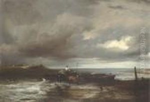 An Estuary Scene With Figures Unloading A Ferry