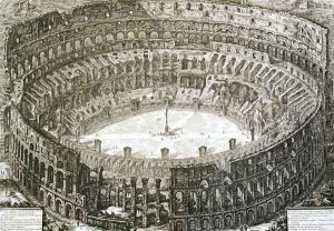 Aerial view of the Colosseum in Rome from Views of Rome, first published in 1756, printed Paris 1800 by Giovanni Battista Piranesi
