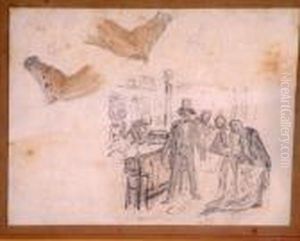 Figures In A Tavern And Horses Heads by John Leech