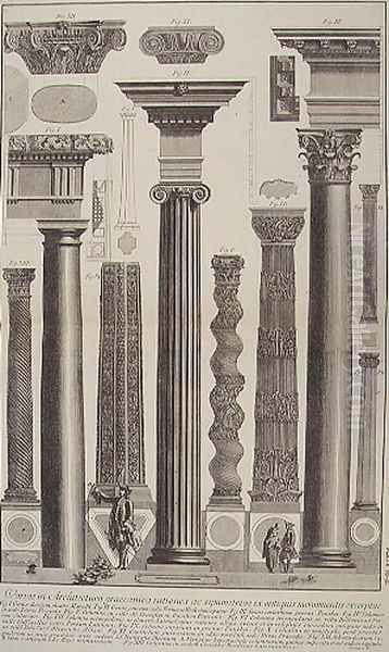 Plate CI-II Variations in Greek Architecture depicting a table of columns from monuments of antiquity from Vedute, first published in 1756, pub. by E. and F.N. Spon Ltd., 1900 - view 1