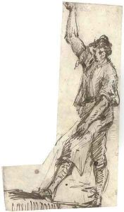 A man in profile to the left, his right arm raised, his right arm resting on his thigh
