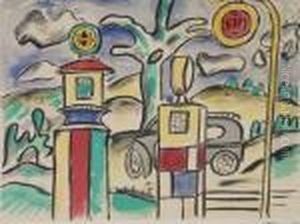 Landscape With Car And Gate Posts by Fernand Leger