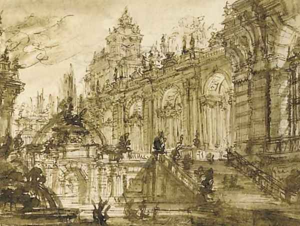 An architectural fantasy the entrance to a palace with a monumental staircase by a fountain - view 1