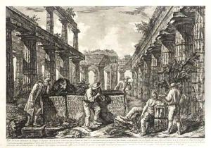 Differentes Vues de quelques Restes de trois grands Edifices qui subsistent encore dans le Milieu de l'ancienne Ville de Pesto by Giovanni Battista Piranesi