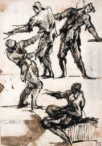 Studies of four figures, three standing and one seated pointing to the left, with a study of a bead and reel frieze by Giovanni Battista Piranesi