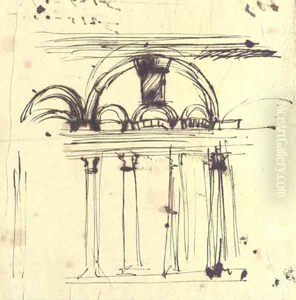 The end wall of a palatial hall with columns supporting an architrave with arches above - view 1