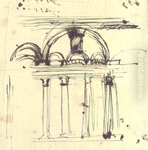 The end wall of a palatial hall with columns supporting an architrave with arches above