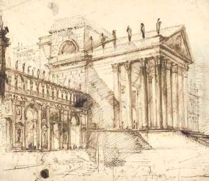The portico and facade of an elaborate neo-classical building by Giovanni Battista Piranesi