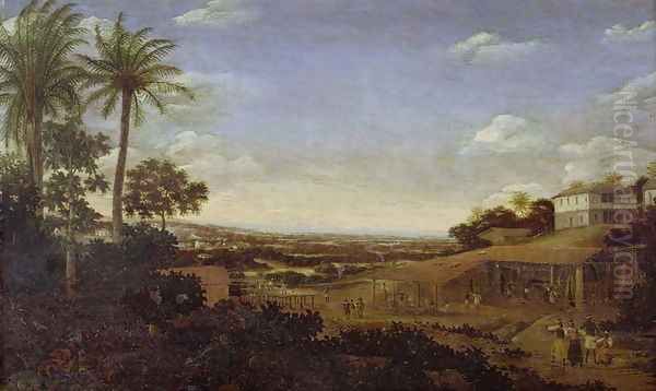 Brazilian landscape with sugar mill, armadillo and snake, River Varzea - view 1