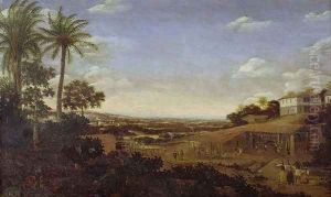 Brazilian landscape with sugar mill, armadillo and snake, River Varzea by Frans Jansz. Post
