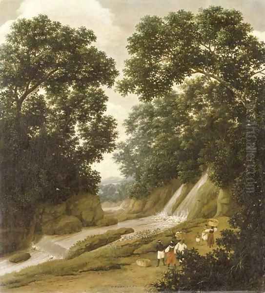A forest with natives carrying baskets on a path by a waterfall - view 1
