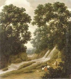 A forest with natives carrying baskets on a path by a waterfall by Frans Jansz. Post
