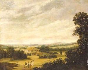 An extensive Brazilian landscape with natives carrying baskets and a farmhouse by a pool