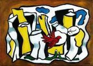 Un Oiseau Rouge, Des Branches Devant Des Troncs D'arbre by Fernand Leger