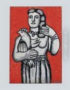 Femme A L'oiseau Sur Fond Rouge