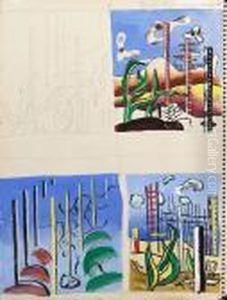 Quatre Esquisses Pour Transport De Forces - Recto, Maquette De Costumes - Verso by Fernand Leger