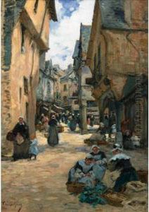 Rue Animee A Vire [ ; A Busy 
Street In Vire ; Oil On Canvas Signed And Located Lower Left F 
Legout-gerard, Vire] by Fernand Marie Eugene Legout-Gerard