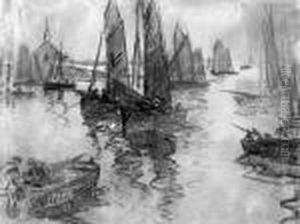 Gerard : < Barques Devant La Chapelle De La Clarte A Concarneau > by Fernand Marie Eugene Legout-Gerard