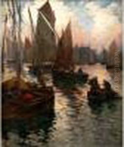 Barques De Peche Dans Le Port, Le Soir by Fernand Marie Eugene Legout-Gerard