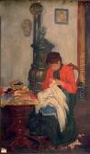 Femme Cousant Dans Un Interieur by Raphael-Leon Leguilloux