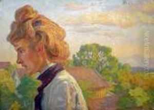Portrait De Femme Dans Un Paysage by Raphael-Leon Leguilloux