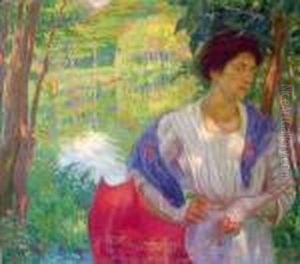 Femme A L'ombrelle Rouge Au Bord De La Riviere