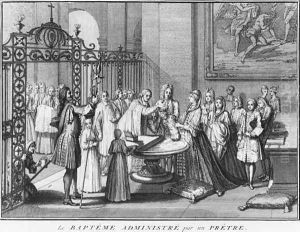 Priest baptising, illustration from Religious Ceremonies and Customs of all the nations of the world, published Amsterdam, 1723 by Bernard Picart