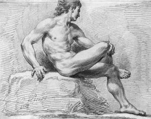 A nude seated on a rock in profile to the right