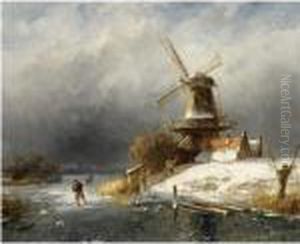 A Winter Landscape With Skaters Near A Windmill by Charles Henri Leickert