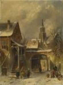Bauerliches Idyll In Winterlichem Stadtchen by Charles Henri Leickert