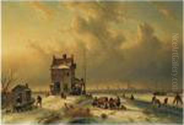 Busy Townsfolk On The Ice, Amsterdam In The Distance - view 1